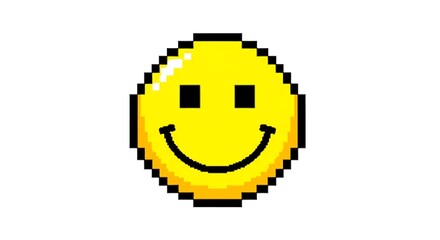 Obraz premium Pixelated, smiling yellow face with black square eyes and curved line mouth on white