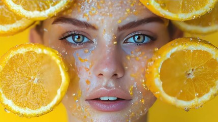 Close-up portrait of a woman with fresh orange slices framing her face and shimmering skin