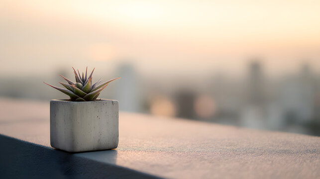 Concrete planter on rooftop parapet with right copy space skyline blur soft sunrise light