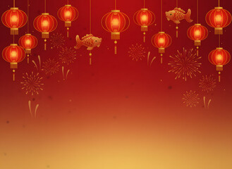 Vibrant Chinese lanterns and fireworks on red background for festive celebrations