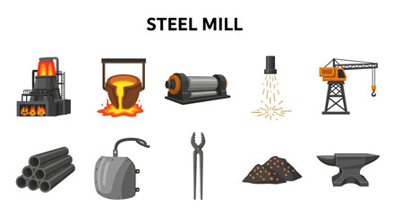 A collection of ten cartoon icons representing different elements of a steel mill © Agung