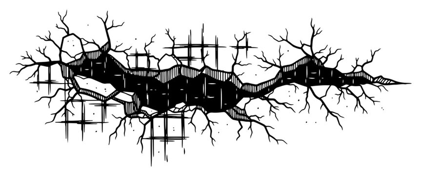 Industrial wall damage with large jagged crack and hand drawn ink hatching