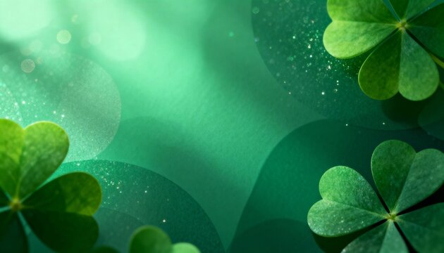 Green shamrocks on a festive background with bokeh and glitter. St. Patrick's Day holiday concept with copy space. Irish luck and spring nature background