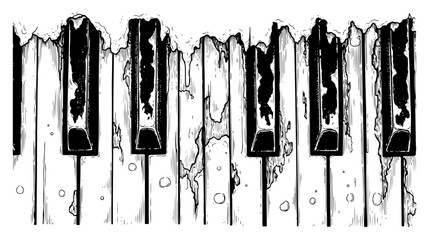 Vintage hand drawn sketch of weathered and melting piano keys in artistic grunge style © Anna