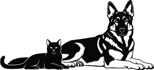 Dog and cat silhouette illustration, loyal canine and feline resting together, pet friendship concept, black and white animal vector artwork isolated on white background © LITON WORLD