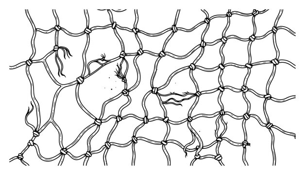 Hand drawn sketch of a weathered fishing net with frayed rope knots