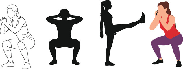 Set of woman exercising fitness workout silhouettes including squats and leg stretches for healthy lifestyle and athletic training vector illustration. © Hafiza