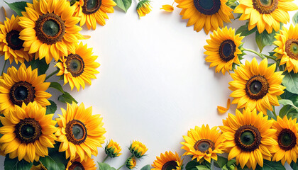 ひまわりの花に囲まれた飾りフレーム　コピースペース