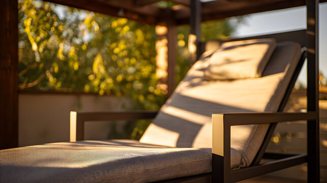 Outdoor lounge chair under pergola shadows with left copy space golden hour shade premium