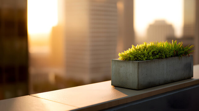 Concrete planter on rooftop ledge with right copy space skyline bokeh soft golden hour pho
