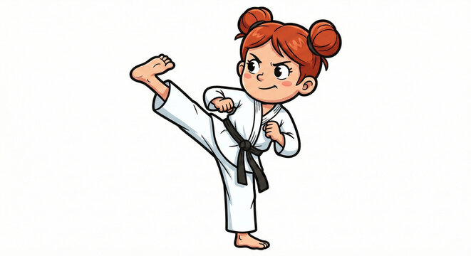 Funny cartoon illustration of little karate girl in white dogi with black belt in fighting stance on white background