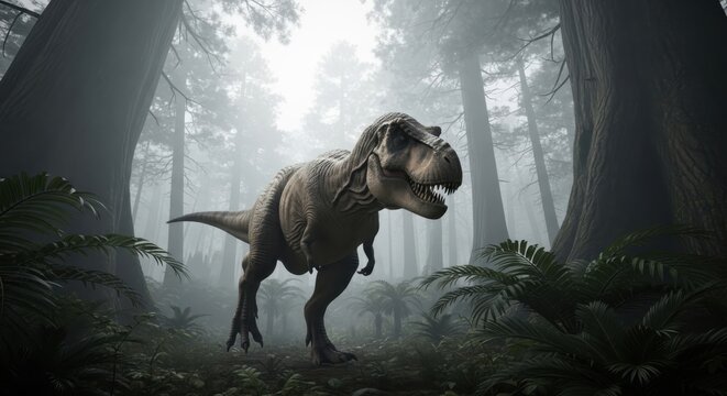 T-Rex in a Misty Forest