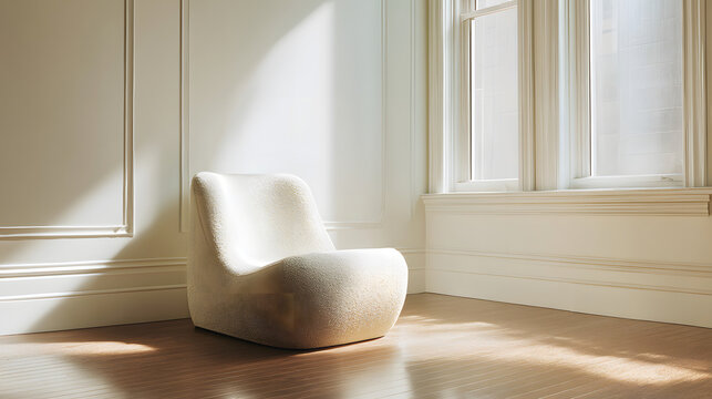 Sculptural lounge chair in neutral luxury living room corner with right copy space studio
