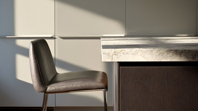 Single bar stool beside kitchen island edge in modern interior with left copy space