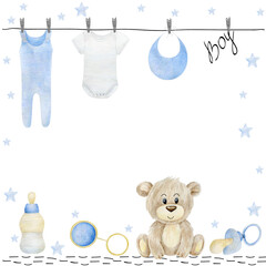 Watercolor vector baby shower for boy. Cute hand drawn frame with baby elements.