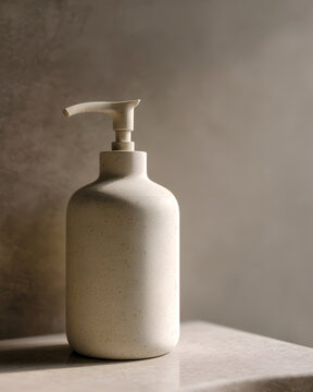 Single unlabeled soap dispenser on vanity with right copy space soft studio light premium