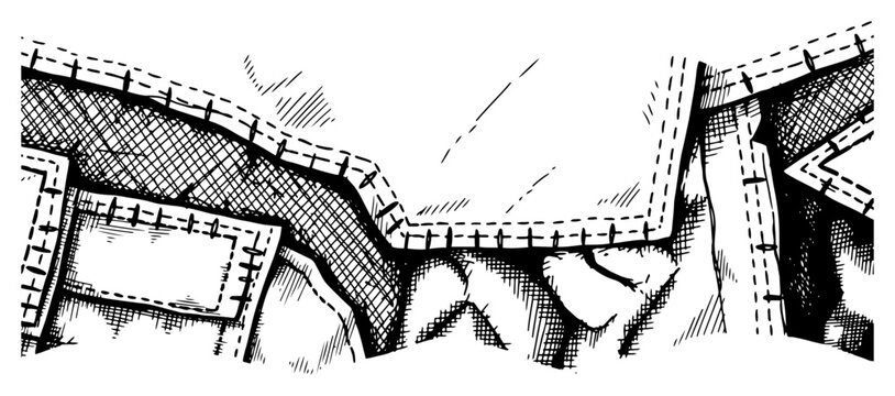 Artistic sketch of patched denim fabric with detailed stitching and crosshatch textures