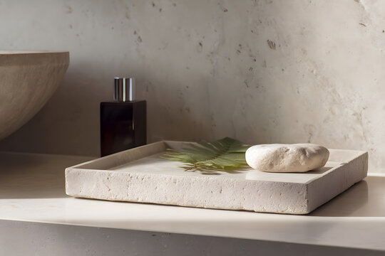 Stone tray with small leaf accent on modern vanity surface with right copy space premium p
