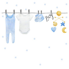 Watercolor baby shower for boy. Cute hand drawn frame with baby elements.