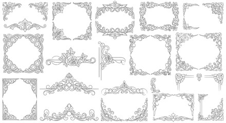 vintage decorative frames borders and corner elements with elegant floral scrollwork for wedding invitations and classic design.