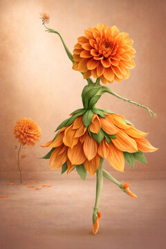 Dancing Dahlia Flower Ballerina with Soft Dreamy Background, Botanical Fantasy Art