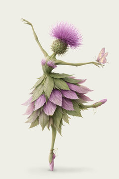 Dancing Thistle Flower Ballerina Isolated on Neutral Background, Botanical Fantasy Illustration