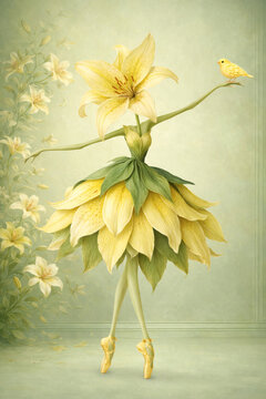 Dancing Yellow Lily Ballerina in Soft Dreamy Floral Interior, Botanical Fantasy Art