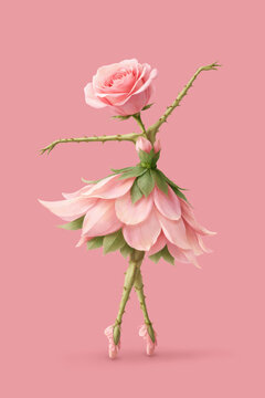 Dancing Pink Rose Ballerina Isolated on Neutral Background, Botanical Fantasy Illustration