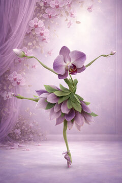 Dancing Orchid Ballerina in Dreamy Floral Interior, Botanical Fantasy Art