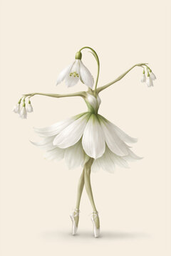 Dancing Snowdrop Flower Ballerina Isolated on Neutral Background, Botanical Fantasy Illustration