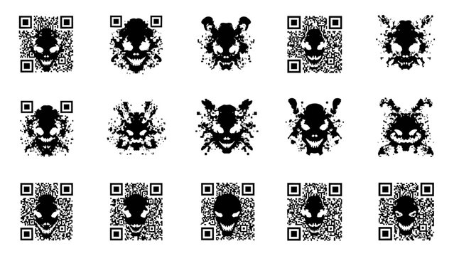 digital art qr code monster skulls emerging from abstract inkblot patterns creating a creepy horror concept and rorschach test mystery.