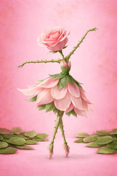 Dancing Pink Rose Ballerina in Dreamy Romantic Floral Scene, Botanical Fantasy Art