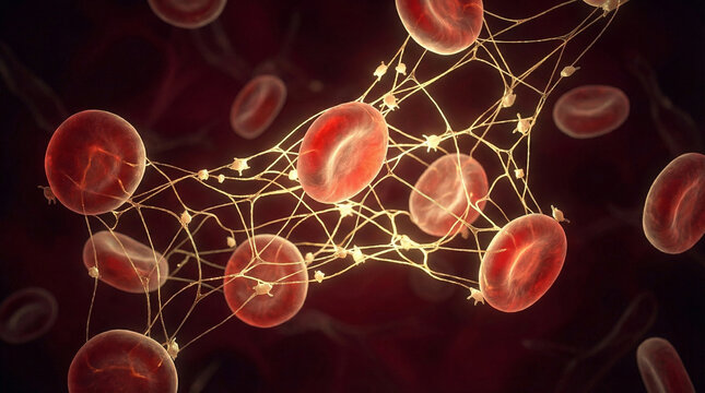 Red blood cells connected by fibrin network. 3D medical illustration of blood coagulation and clotting