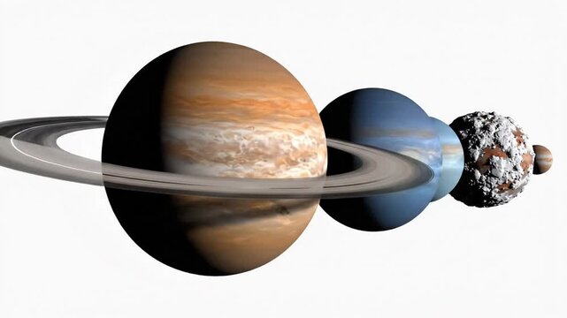 Planets lined up on white.