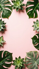 Fototapeta premium Green plants create a frame around a pink background for a clean look