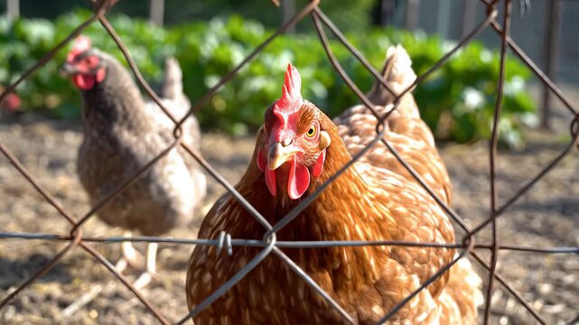 Chicken behind wire fence in farm