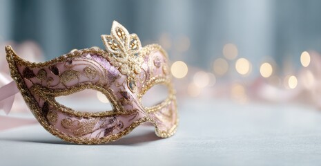 Fototapeta premium A delicate pink mask adorned with gold embellishments, set against a softly blurred background, creating an elegant and mysterious atmosphere.