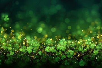 Obraz premium A vibrant, green background filled with shimmering clovers and sparkling bokeh, evoking a sense of celebration and nature.