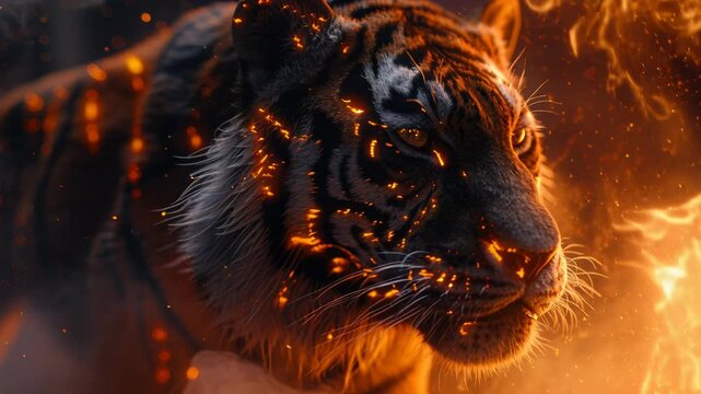 Close-up tiger portrait amid roaring flames and glowing embers, smoky atmosphere and drifting sparks highlight wet black fur, intense amber eyes, cinematic