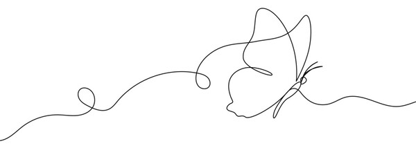 Butterfly in line art style. Minimalist drawing of an insect with spread wings, made in a single continuous line. Vector illustration.