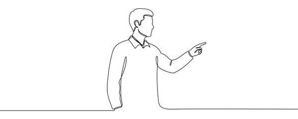 Man pointing finger in line art style. Minimalist drawing of a person making a hand gesture, made in a single continuous line. Vector illustration.