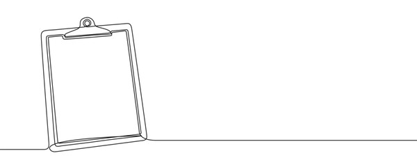 Clipboard in line art style. Minimalist drawing of office stationery for papers, made in a single continuous line. Vector illustration.