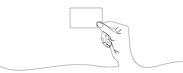 Hand holding a card in one line art style. Drawing of a hand holding a credit card or business card, made by a continuous line with editable black stroke on a white background. Vector illustration.