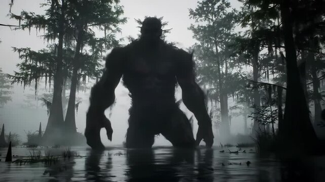 Colossal bipedal creature silhouette emerging from foggy swamp water among cypress trees