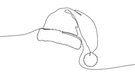 Santa hat in one line art style. Drawing of a Christmas cap made by a continuous line with editable black stroke on a white background. Vector illustration.