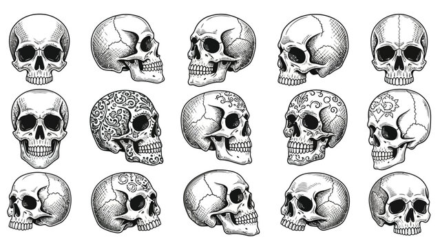 Collection of fifteen detailed human skulls illustrations in various views and dissections on white background.