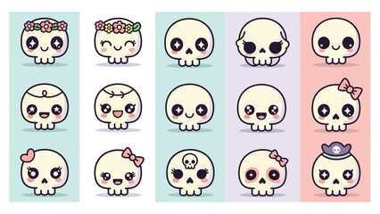 Obraz premium Collection of cute cartoon skulls with various expressions and decorations on colored backgrounds.