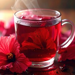 Steaming Red Hibiscus Tea in a Clear Glass Cup Surrounded by Vibrant Red Flowers and Dark Wooden Surface Warm Beverage