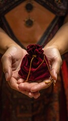 Close Up Of Hands Holding A Small Red Velvet Pouch With Gold Drawstring Detailed Patterned Fabric Background Soft Lighting