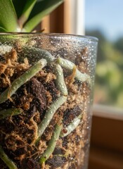 Close up of healthy orchid roots in a clear glass vase with moss and water droplets near a window with soft natural light illuminating the plant and blurred green foliage background